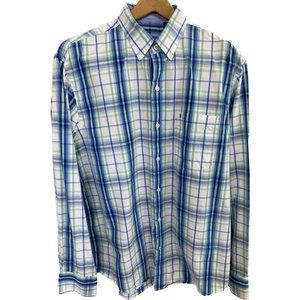 Izod Blue Green White Plaid Long Sleeve Button Down Shirt Size Medium